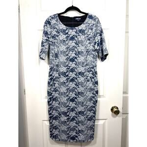 Lands End 10 Tall Floral Jacquard Sheath Elbow Sleeve Blue Midi Dress